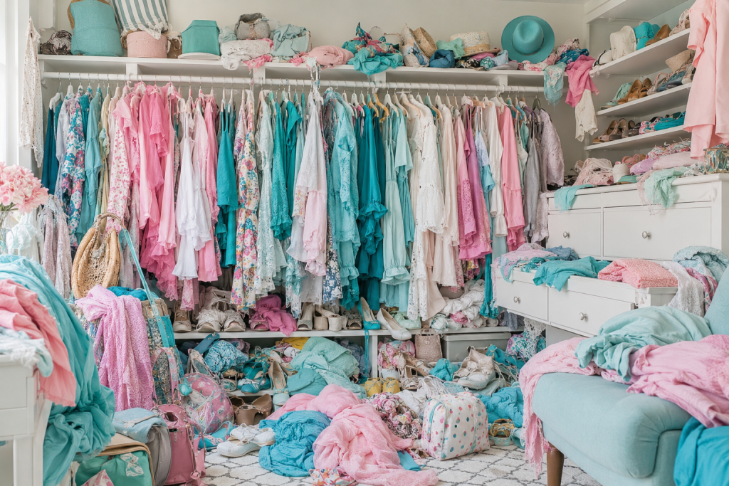 Messy closet overflowing with clothes.